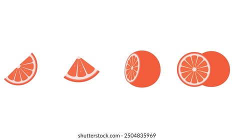 Conjunto de icono de toronjas frescas rojas. Frutas de pomelo sobre fondo aislado blanco. Colección de rodajas de Vector de pomelo	