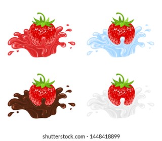 Set of red fresh realistic strawberry with juice, water, chocolate and milk splashes isolated on white background. Sweet food. Organic fruit. Vector illustration for any design.
