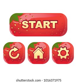 Set of red fresh strawberry buttons for game interfaces. Vector GUI elements for mobile games. Isolated on white background