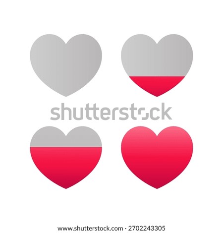 Set of red game heart icons showing different levels of fill progress for UI and UX design, isolated on a white background. Perfect for mobile games, web applications, user interface elements, etc.