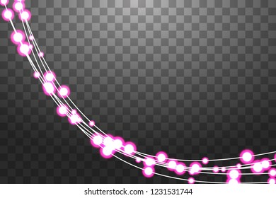 Set of red garlands, festive decorations. Glowing christmas lights isolated on transparent background. Blue lights