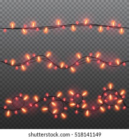 Set of red garlands, festive decorations. Glowing christmas lights isolated on transparent background. Vector seamless horizontal objects. 