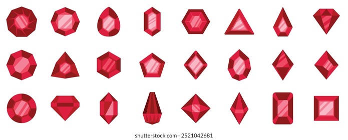 Set of red gems in different geometric shapes presenting facets, luxury crystal objects for game interface vector illustrations on a white background