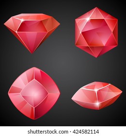 Set of red gemstones. 2d crystal asset for games collection. Vector illustration.