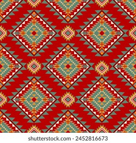 Conjunto de diseño sin costuras tradicional étnico oriental geométrico rojo para el fondo, alfombra, Fondo de pantalla, ropa, abrigo, batik, tela, Ilustración vectorial de estilo de bordado.