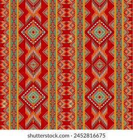 Conjunto de diseño sin costuras tradicional étnico oriental geométrico rojo para el fondo, alfombra, Fondo de pantalla, ropa, abrigo, batik, tela, Ilustración vectorial de estilo de bordado.