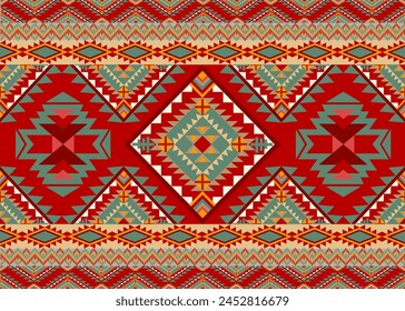 Conjunto de diseño sin costuras tradicional étnico oriental geométrico rojo para el fondo, alfombra, Fondo de pantalla, ropa, abrigo, batik, tela, Ilustración vectorial de estilo de bordado.