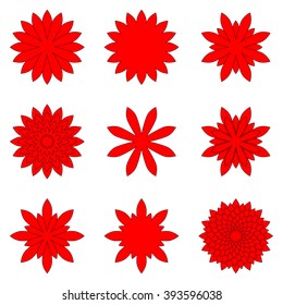 Set of red geometric flowers in doodle style: daisy, dahlia, aster. On isolated background