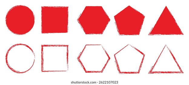 Set of Red Geometric Shapes with a Hand-Drawn Texture brush vector illustration on white background