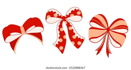 Set of red gift bow isolated on white background. Hand drawing decorative bow elements vector illustration.