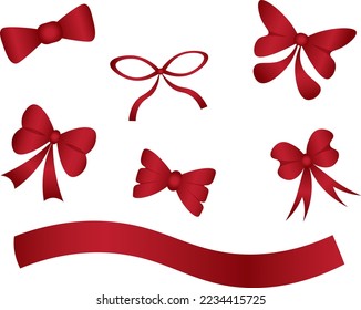 Conjunto de arcos de regalo rojos hechos de cintas de satén. Plantillas de elementos para el diseño de tarjetas de vacaciones. Ilustración vectorial.