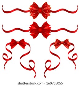 Set of red gift bows with ribbons. Vector illustration.