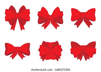 Set of red gift bows with ribbons for decorating gifts, surprises for holidays. Packing presents icon isolated on white background. Vector illustration