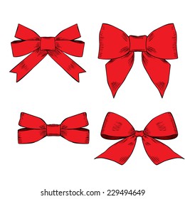 Set of red gift bows with ribbons. Hand drawn vector illustration.