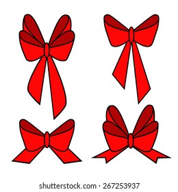 Set of red gift bows with ribbons. Vector.