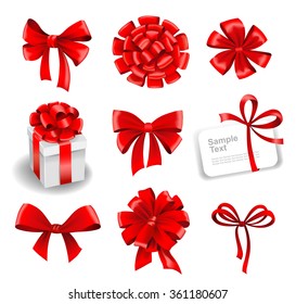Set of red gift bows with ribbons. Vector illustration. 