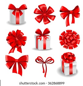 Set of red gift bows with ribbons. 