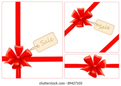 Set of red gift bows with ribbons and sale labels. Vector.