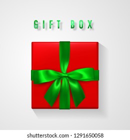 Set Red Gift box with green bow and ribbon top view. Element for decoration gifts, greetings, holidays. Vector illustration.