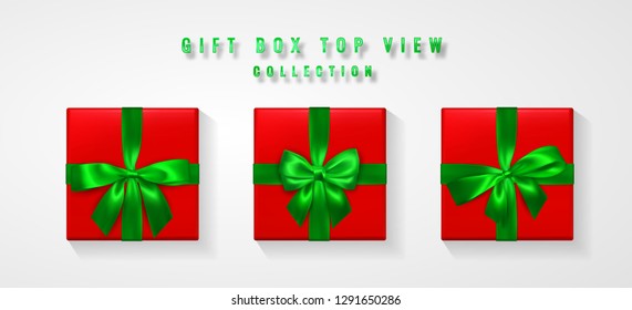 Set Red Gift box with green bow and ribbon top view. Element for decoration gifts, greetings, holidays. Vector illustration.