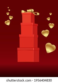 conjunto de cajas de regalo rojas encima de las unas de las otras sobre un fondo rojo oscuro rodeado de ilustraciones vectoriales de corazones dorados para tarjetas de felicitación