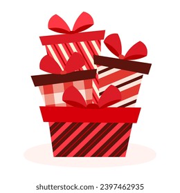 Conjunto de caja de navidad de regalo rojo sobre fondo blanco. Ilustración vectorial de cajas de regalo rayadas