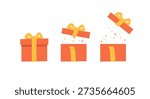 Set of red gift closed and open boxes with confetti. Minimalistic flat design. Icons on white background. For surprise, celebration, event concepts. Vector illustration.