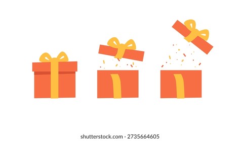 Set of red gift closed and open boxes with confetti. Minimalistic flat design. Icons on white background. For surprise, celebration, event concepts. Vector illustration.