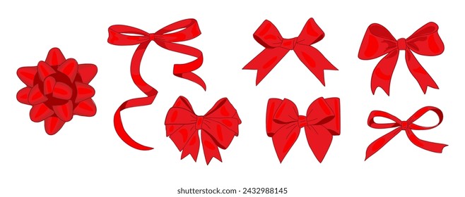 Set of red gift ribbon bows different shapes.