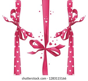 Set of red gift ribbons with bows. Heart pattern.