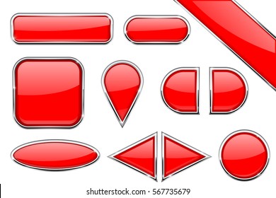 Set of red glass buttons with metal frame. Vector 3d illustration isolated on white background