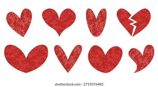 Conjunto de Formas de corazón de purpurina roja, clásico y un roto, aislado sobre fondo blanco. Ilustración vectorial para el día de San Valentín, tarjetas de amor, decoraciones y diseño romántico 