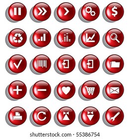 Set of red glossy buttons for web design on white background