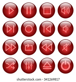 Set of red glossy round media player buttons. Arranged layer structure.