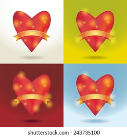 Set Red glossy shiny heart 3d and gold ribbon. Love, wedding marriage ceremony and Valentine's Day celebration concept. Vector