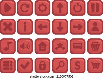 Set of red glossy square buttons or icons for game, GUI design. Cartoon mobile app elements vector template. Flat style.