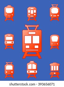 set red glossy trains on blue background