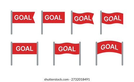 Set of red goal flag icons with various shapes and waves. Minimalist vector illustration of achievement symbols, perfect for sports events, business targets, and success-themed designs.