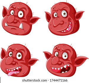 Set of red goblin or troll face in different expressions in cartoon style isolated illustration
