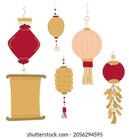 set of red gold chinese New year symbols. hand drawing isolated on white