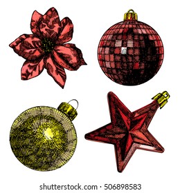 Set of Red, gold Christmas ball for xmas and New Year tree decoration made of glass. In shape of star. Hand drawing holly. Evening holiday ball, hand drawn, isolated on white background. Vector.