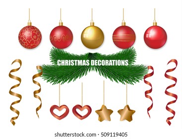 Set of red and gold Christmas decorations isolation of elements. Vector illustration.
