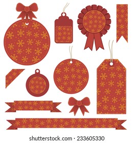 set of red and gold christmas labels, tags and ribbons, isolated on white