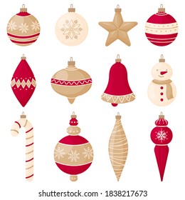 Conjunto de decoraciones de árboles de Navidad rojos y dorados para el año nuevo y navidad.