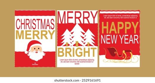 A Set of red and gold  festive Christmas retro posters with christmas elements Santa christmas tree and sleigh  vector templates with typography  for greeting card, invitation, websites , business 