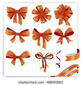 Set of red and gold gift bows with ribbons. Vector illustration. 