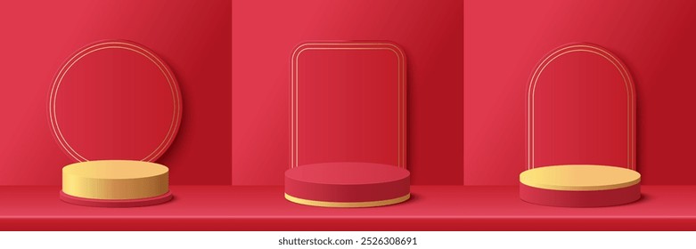 Set of red and gold podium for product display presentation with circle square and oval shape on red background. Vector illustration