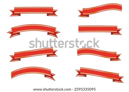 Set of red gold ribbons with gold trim isolated on transparent or white background, vector illustration. Festive decoration with blank space, perfect for banners, tags, labels, gift cards designs.