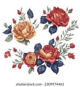 Set of Red and Gold Rose Flower Arrangement Watercolor Illustration.