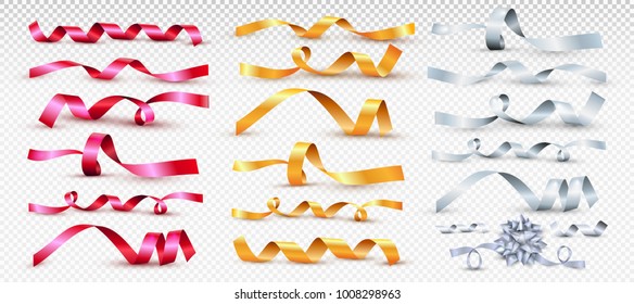 Set of red, gold and silver satin ribbon. For greeting cards and invitations of the wedding, birthday, Valentine's Day, mother's day. Vector illustration of curved tape